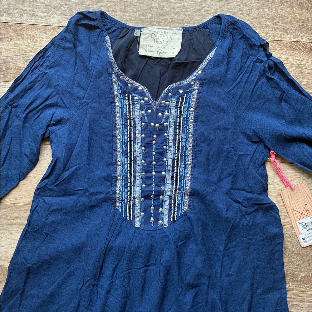NWT CALIFORNIA MOONRISE Navy Blue Embroidered Dress M - Picture 3 of 8